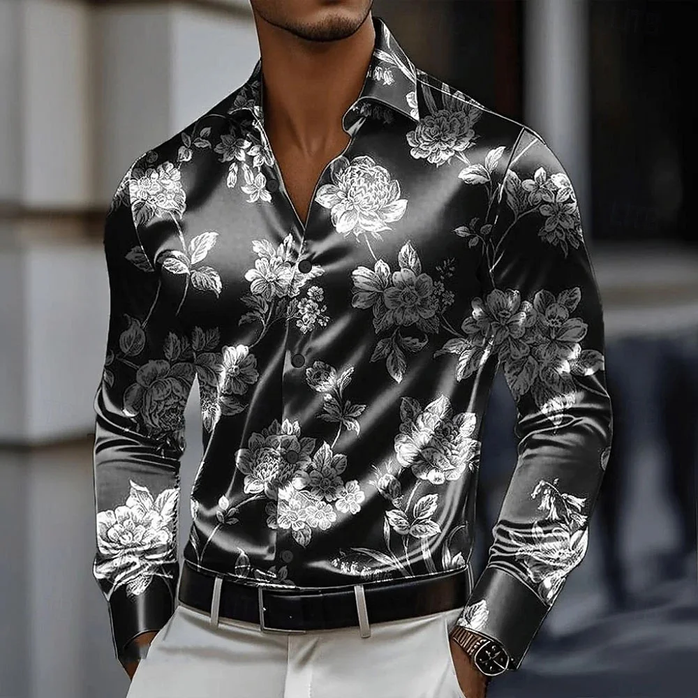 New men's top with white and shiny satin base, black and gold embossed floral print, long sleeved shirt and clothing