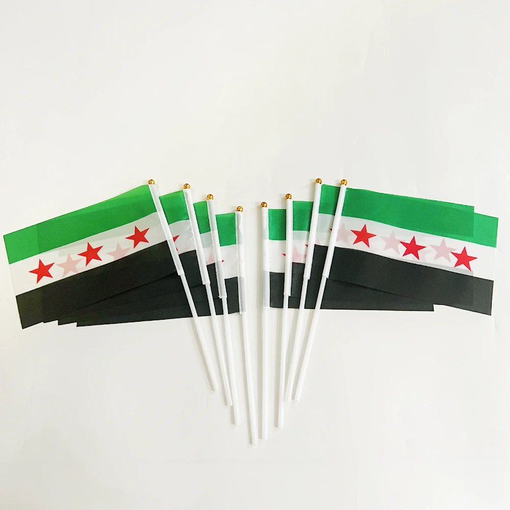 Syria Hand Flag 14x21cm Polyester Fade-Resistance Three Star The Syrian Arab Republic Syrian with Flagpole for Events