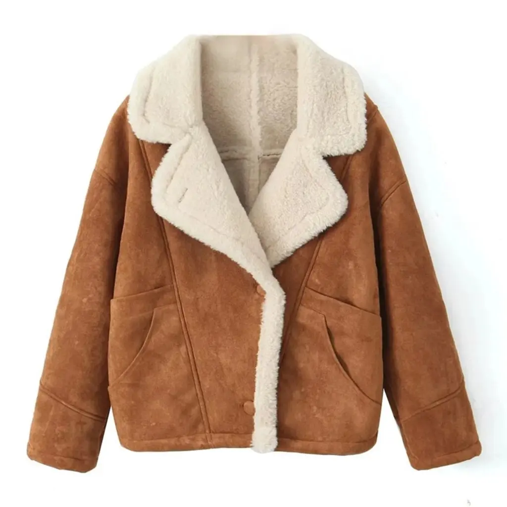 Feminino retro lapela engrossado lã de cordeiro camurça topo solto estilo casual europeu e americano moda inverno