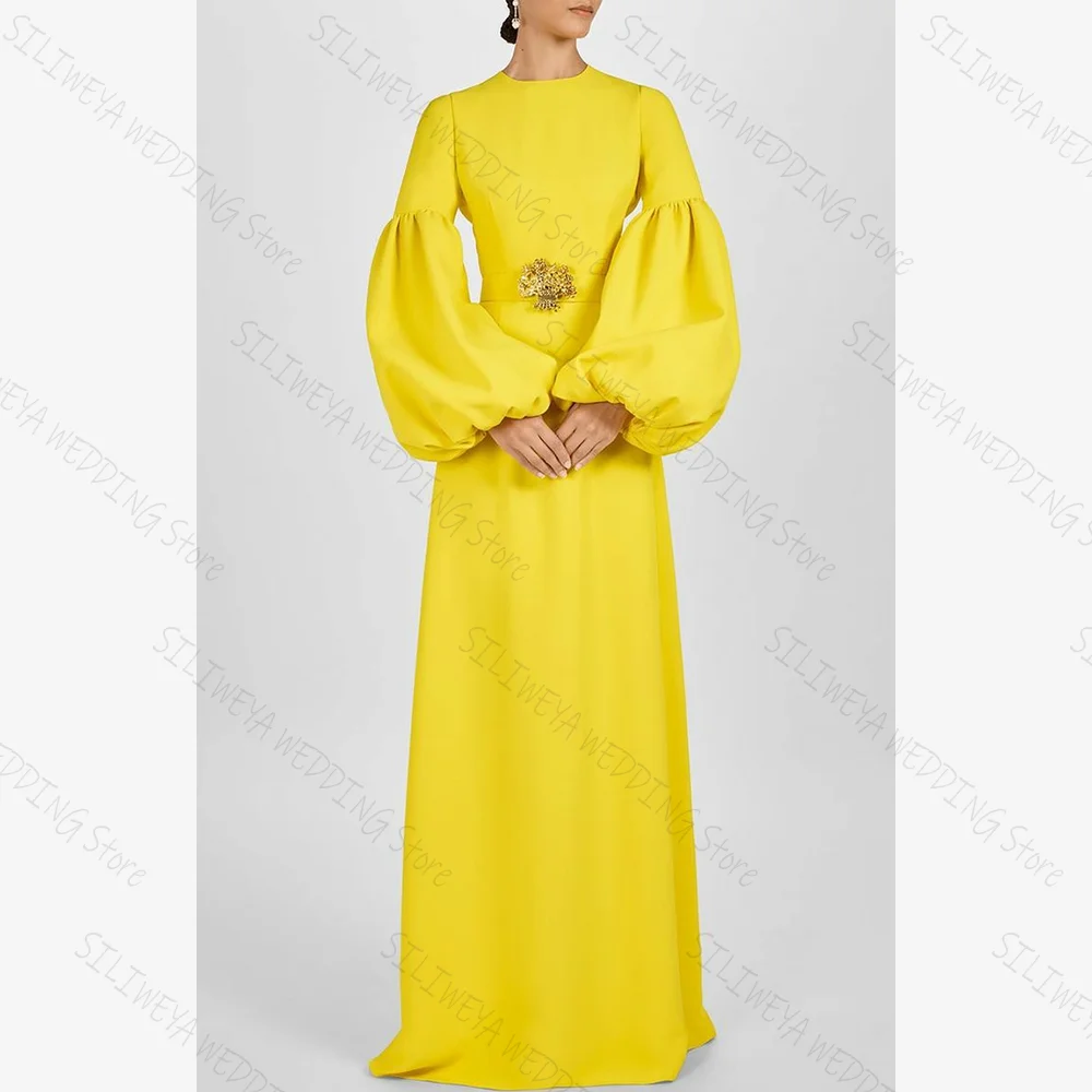 

Yellow O Neck Chic Prom Dresses Long Sleeves Long Sleeves Floor-Length Female Party Evening Gown