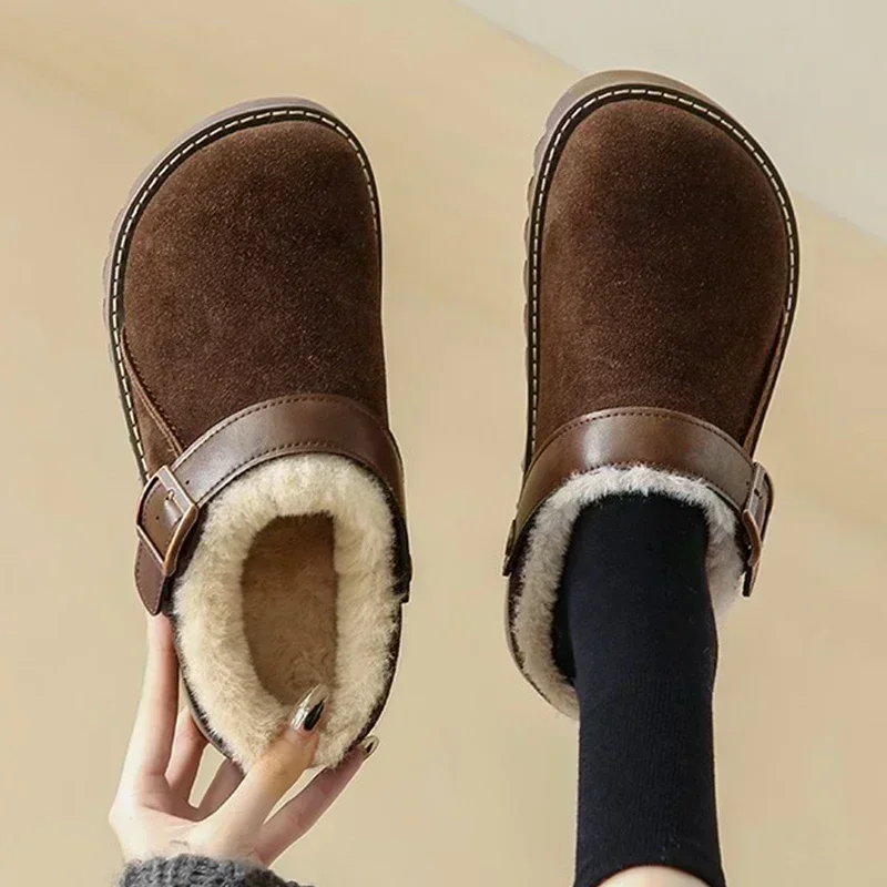 Women Slippers Fur Flats Short Plush Mules Shoes New Women Platform Cotton Shoes Suede Home Flip Flops Warm Shoes