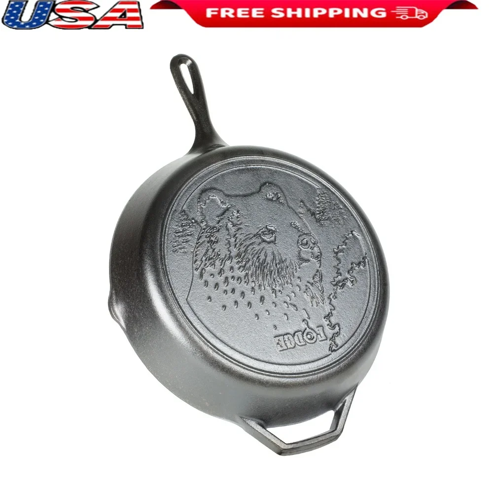 

Серия Wildlife, 12-дюймовая чугунная сковорода с изображением медведя, прочная посуда, безопасная для духовки с антипригарным покрытием, сохранение тепла, идеальное приготовление пищи, кемпинг