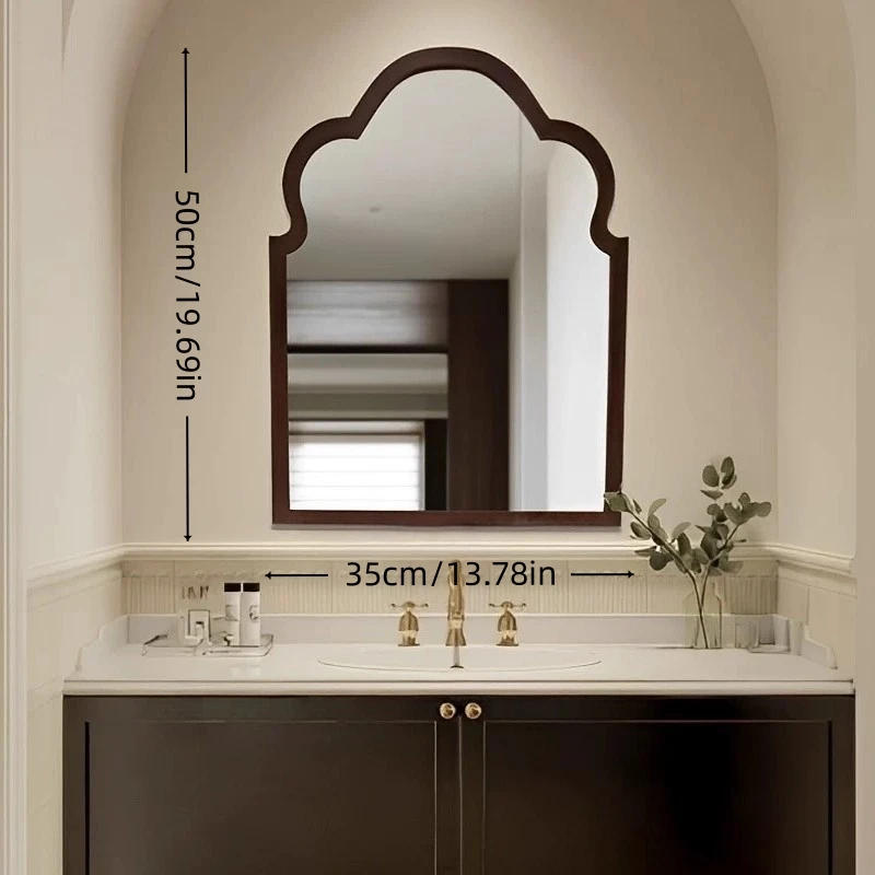 Wall Mounted Makeup Mirror 50cm X 35cm Irregular Design with Wooden Frame Window Decorative Bathroom Vanity Mirror view 6