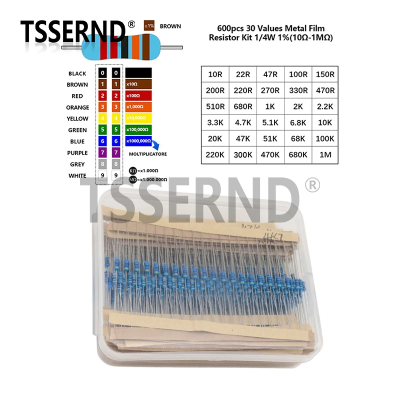 

Комплект металлических пленочных резисторов 600 шт., 1/4 Вт, 30 значений, сопротивление 10 Ом ~ 1 м, набор 1%, упаковка «сделай сам», электронные компоненты