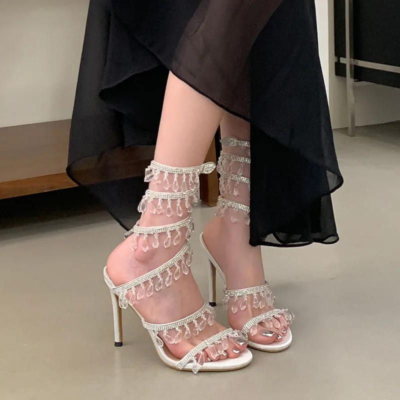 New Fashion Crystal Ankle Strap Women Sandals Thin High Heels Shoes Open Toe Female Pumps Wedding Dress Ladies Shoes Sandals view 5