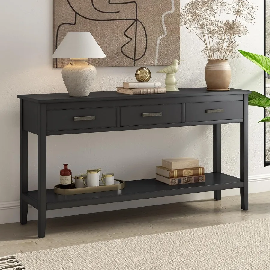 Contemporary Rectangular Console Table with 1 Shelf and 3 Storage Drawers Entrae Table Sofa Side Table for Entryway Hallway Liv