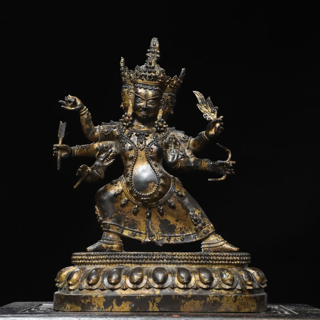 Antique Chinese hand-mand Copper-rubbed and gilded six-armed Mahakala statue, 35cm(H),5.6kg(weight)