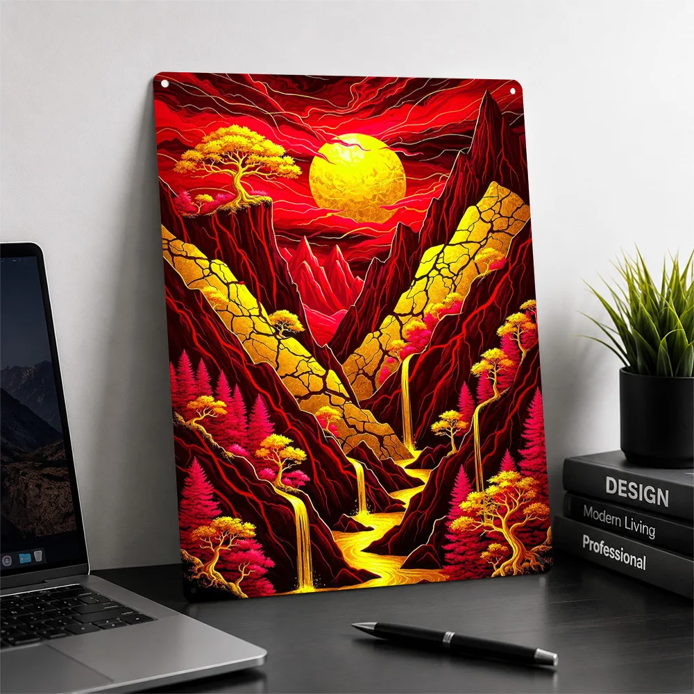 Red and Gold Mountain Landscape Metal Poster Perfect Gift for Fans Lovers Personalized Wall Art Metal Sign for Bedroom Stuff