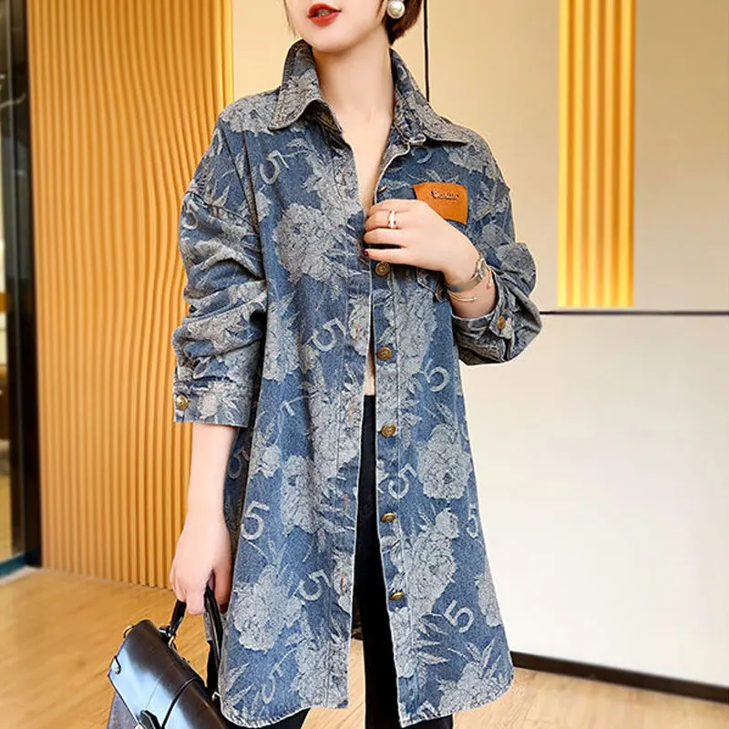 Fashion Vintage Loose Denim Shirt Female Clothing Casual Turn-down Collar Spring Autumn Commute Printed Single-breasted Blouse