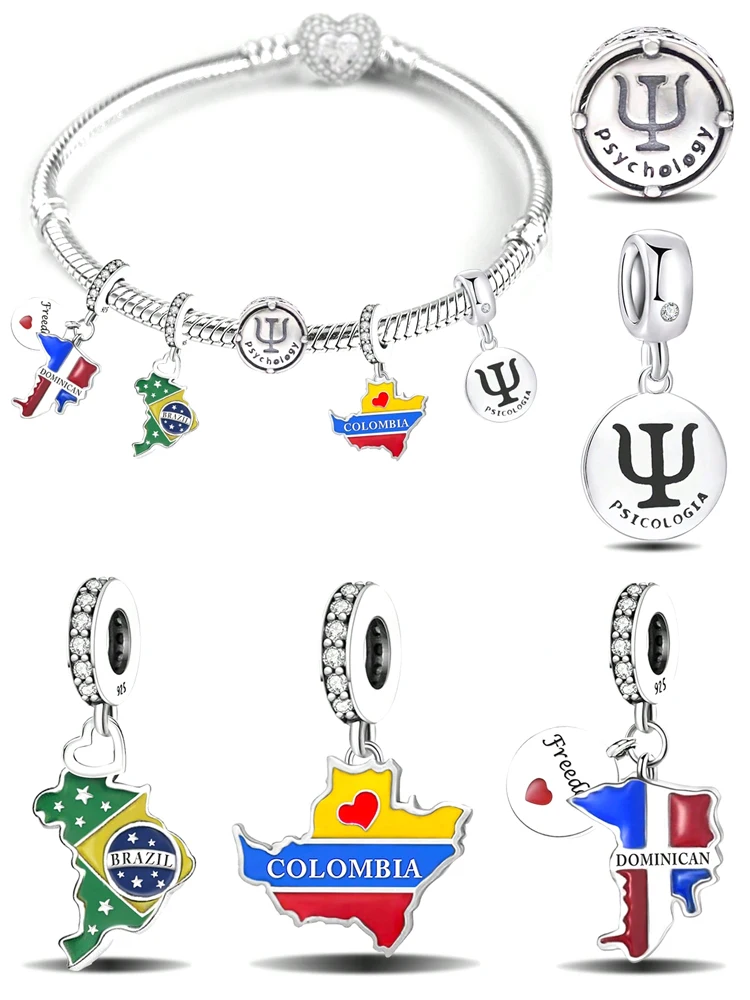 

925 Sterling Silver Brazil Columbia Various Countries Charms Beads Fit Original Pan Bracelets Bangles Fine Jewelry Gift