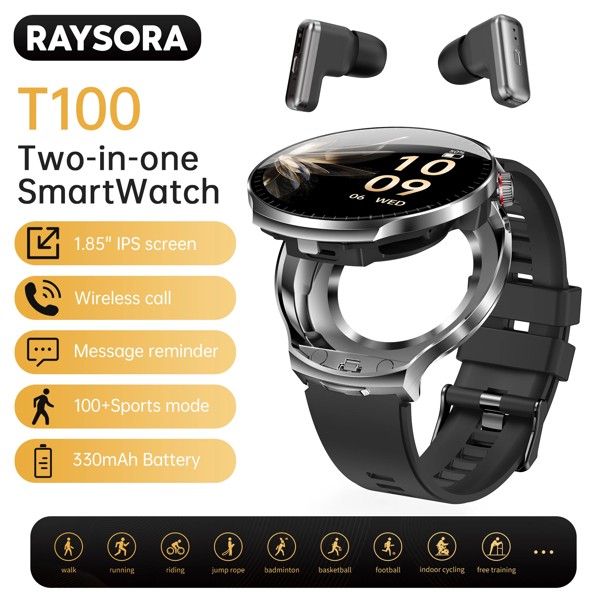 

Мужские умные часы RAYSORA, 1,85-дюймовый HD IPS-экран, умные часы с беспроводными спортивными наушниками, аккумулятор емкостью 330 мАч, беспроводные наушники 2-в-1