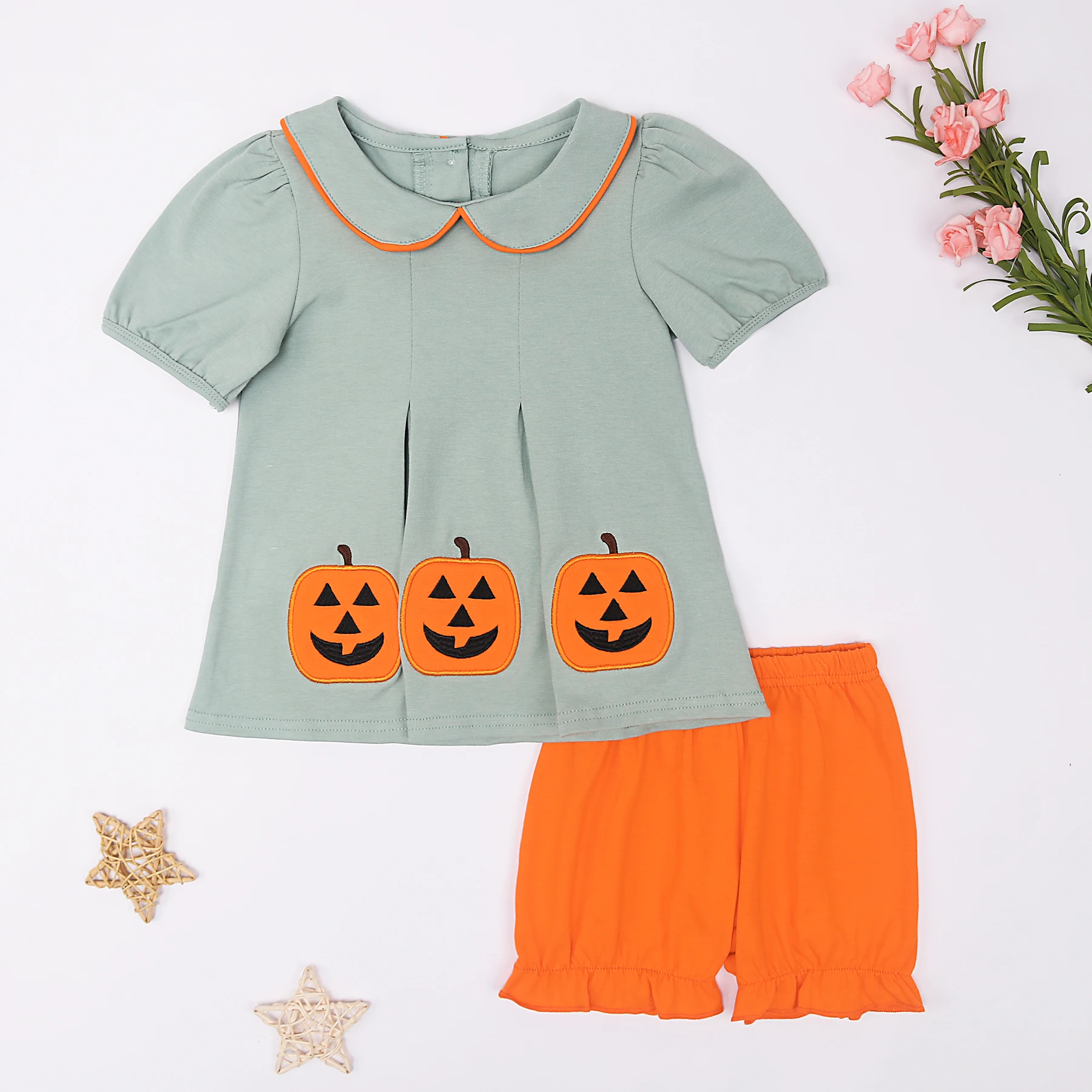 Hallowmas Ropa Summer Short Sleeve Round Neck Dress Pumpkin Embroidery Girl Grey Top T-shit And Orange Pant Romper Boy Clothes