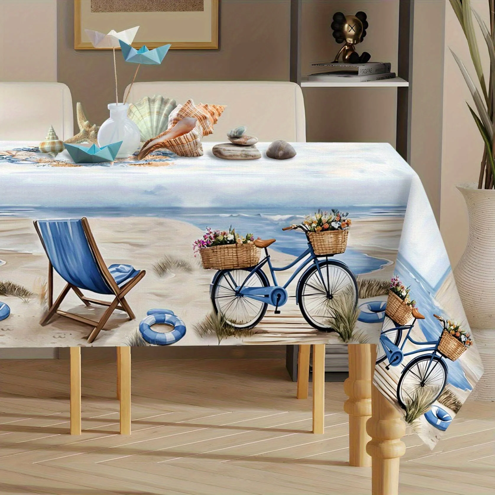 1pc Coastal Beach Scene Tablecloth with Chairs, Bicycle, and Flowers in Light Blue Ocean Theme Design, Perfect for Spring/Summer