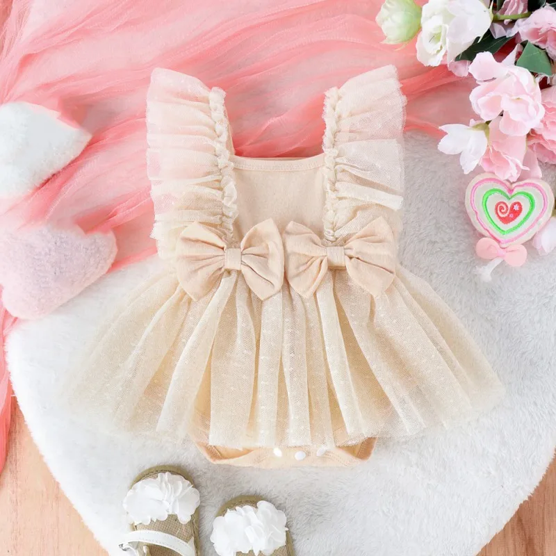

Newborn Baby Princess Dress Solid Mesh Sleeveless Bow Summer Romper Dress Infant Girls Birthday Party Wedding Dress Cute Tutu