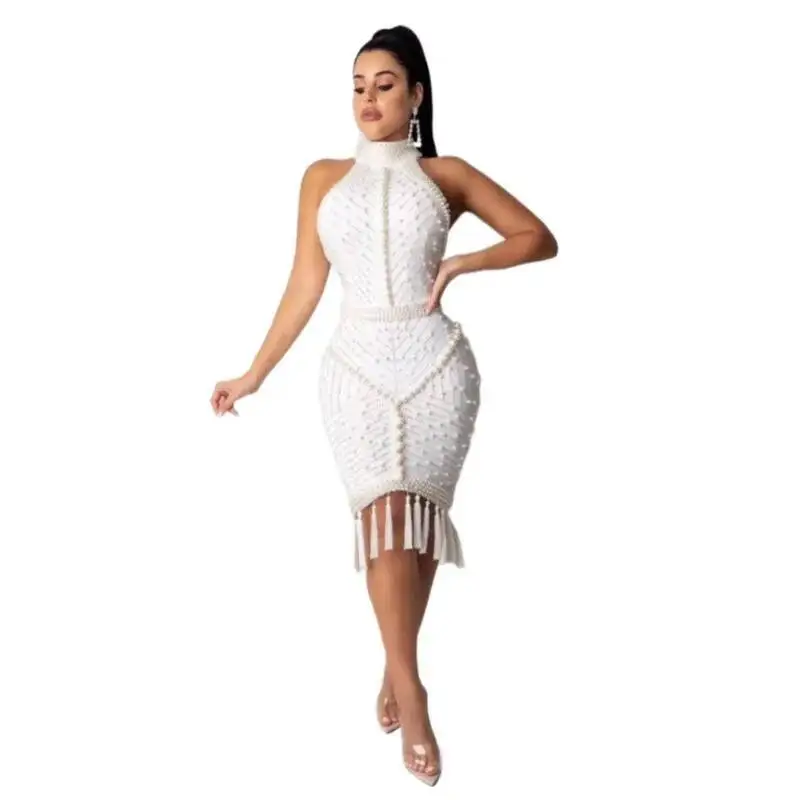 High Quality Dress elegant women Celebrity White Black Tassel Beading Sexy Rayon Bandage bodycon Cocktail Party vestido harajuku