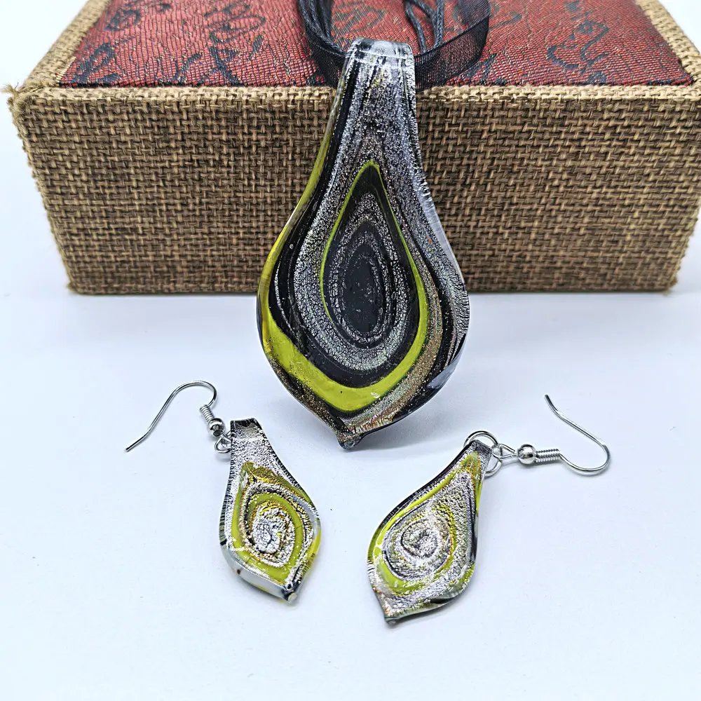 1Set Chinese Style Handmade Floral Lampwork Glaze Glass Pendants Leaf Charms For Pendant Necklace Earrings For Women Jewelry Set