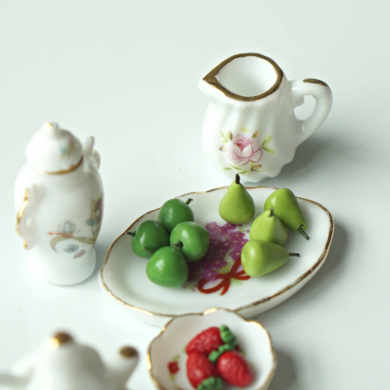 Mini kit de chá de cerâmica em miniatura, chaleira de simulação, modelo de brinquedo 1:12, acessórios para casa de bonecas, decoração de casa de boneca