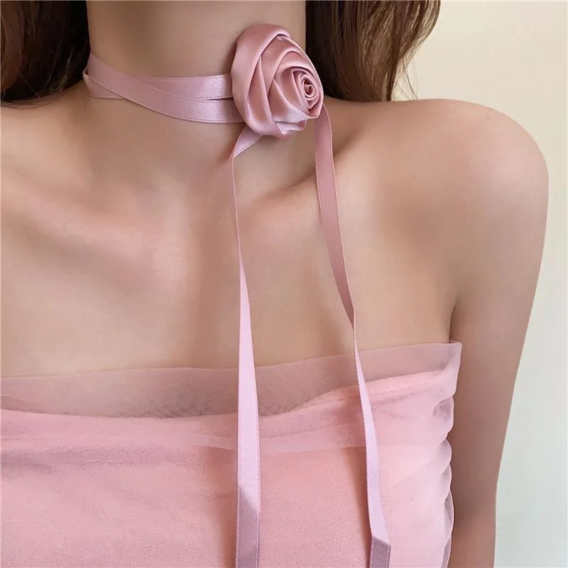 Vintage Pink Satin Rose Flower Necklace for Women Adjustable Long Ribbon Chain Choker Versatile Neck Strap Party Wedding Jewelry
