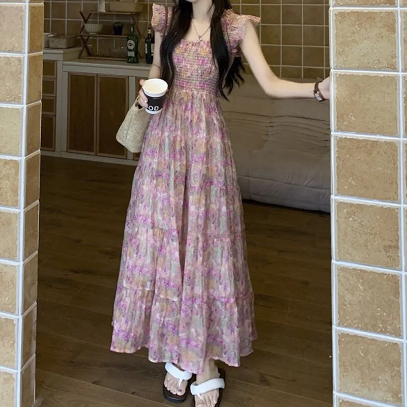 New Summer 2023 Design Floral Dress Flutter Sleeves Elegant Slimming Long Dress for Women