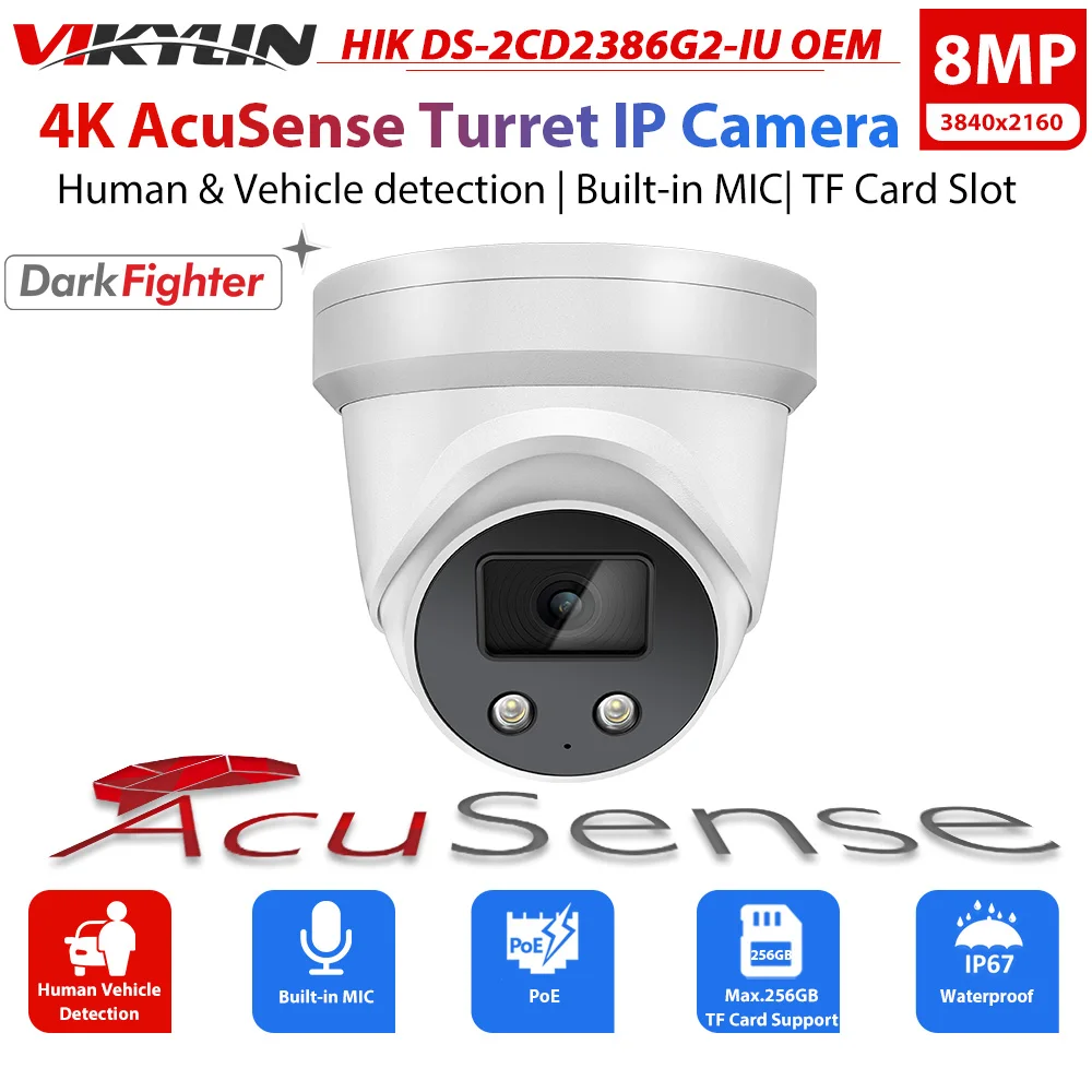 Vikylin Acusense Camera Security Cam 8MP 4K DS-2CD2386G2-IU Hik OEM PoE with Mic Human Vehicle Detection DarkFighter SD Slot