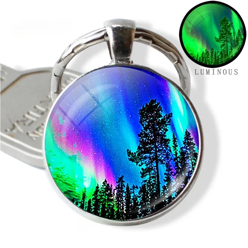 Northern Lights Aurora Photo Round Keychain Luminous Glass Cabochon Jewelry Handmade Supply for Pendant Fashion Key Chain Gift