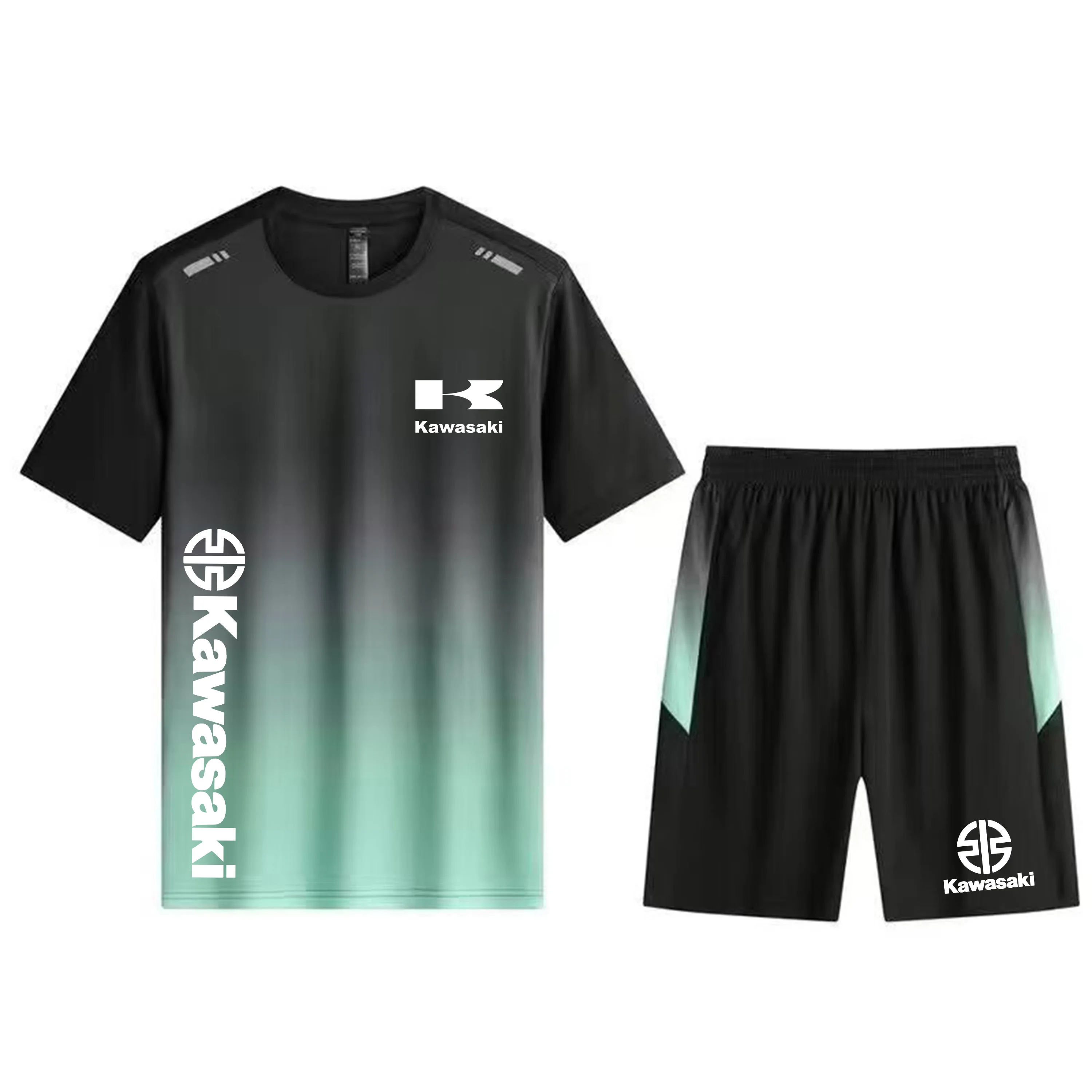 Kawasaki Men's T-shirt+Shorts Casual Set Motorcycle Racing Team Sports Set Breathable Quick Drying Gradient Colors Two-piece Set