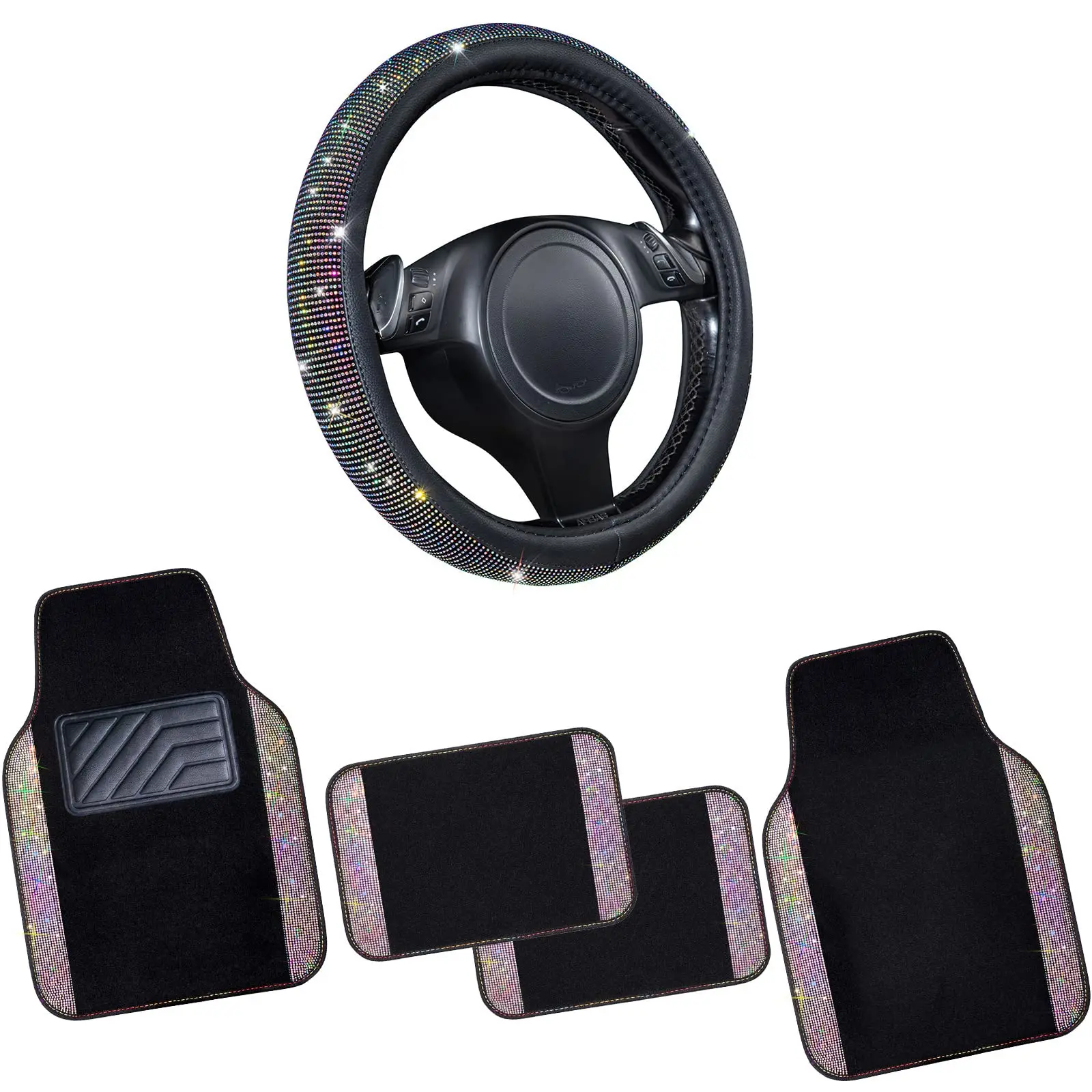 

Bling Crystal Rhinestone Steering Wheel Cover And Floor Mats Set For Cars Trucks SUVs Universal 14.5-15 Inch