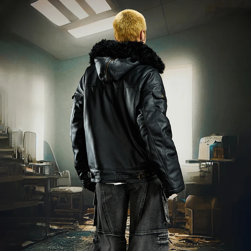 LUZHEN 2025 جديد شخصية سستة الربط فو الفراء مقنعين سترة جلدية الرجال أنيق الأصلي الشارع الذكور معطف مبطّن JY5300