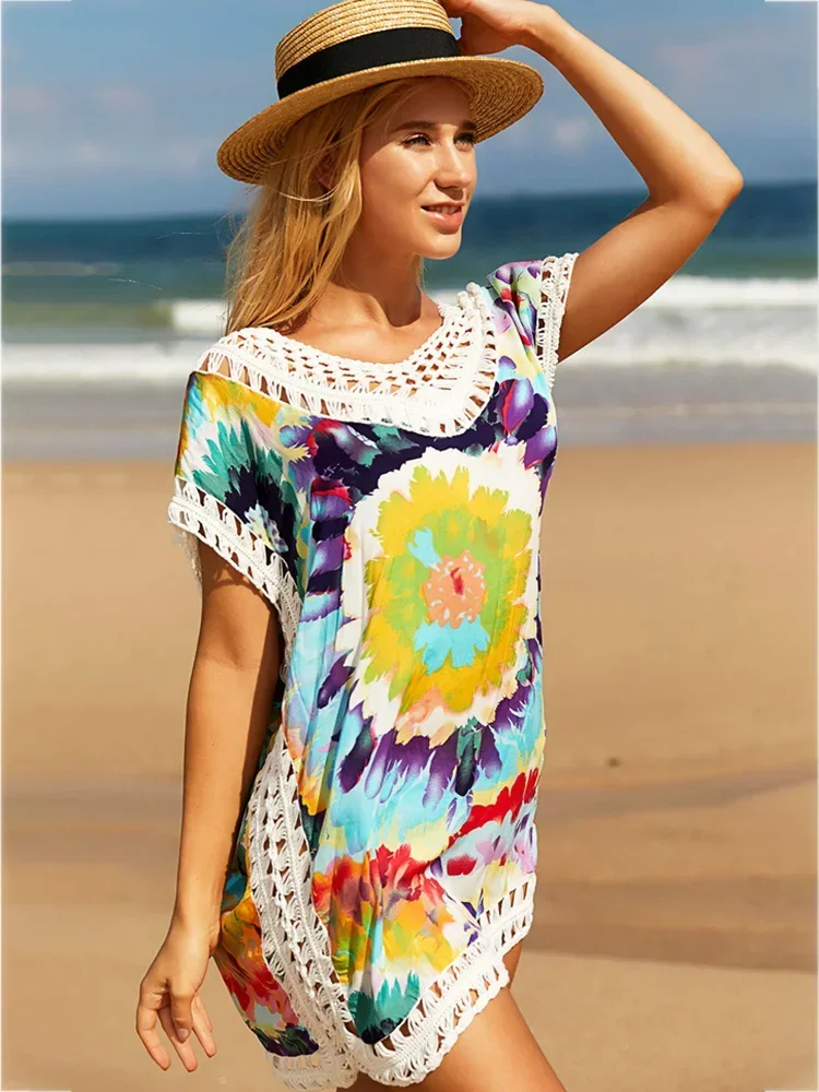 Neue Tie Dye Gedruckt Strand Cover-Ups Frauen Bikini Cover Up Aushöhlen Strand Kleid Sommer 2025, Mode Weibliche Urlaub beachwear