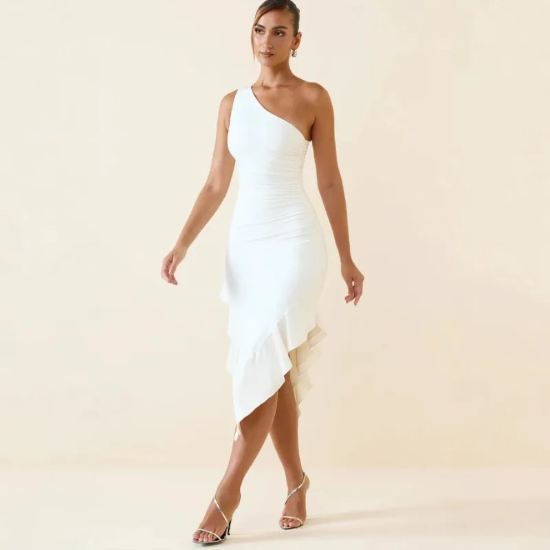 European American Women's One-Shoulder Bodycon Waist-Cinching Slim Fit Dress for Evening Gatherings Party Celebrations Formal