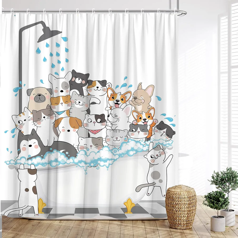 Cortina de ducha de animales de dibujos animados con patas divertidas de gato y perro para niños, decoración de baño familiar con ganchos