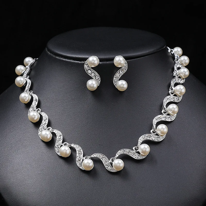 Crystal  Wedding Necklace  Fashion Imitation Pearl  Earring Bridal For Women Elegant Rhinestone Jewelry Sets Party Gif