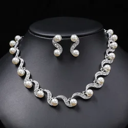 Crystal  Wedding Necklace  Fashion Imitation Pearl  Earring Bridal For Women Elegant Rhinestone Jewelry Sets Party Gif