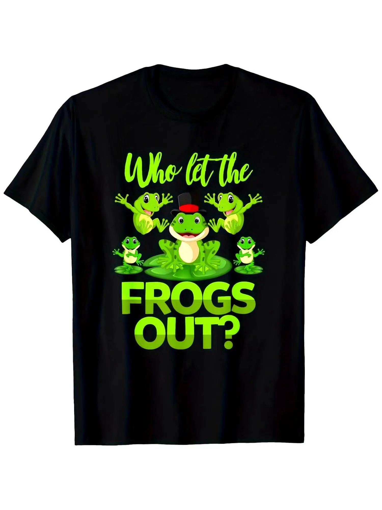 Who Let Go of The Frog? Fun Frog Pattern Novelty T-shirt, Green Lime Print, Soft and Breathable Men's and Women's Same Shirt (Size S-XXXL), Casual Summer Party Dress, Including Jumping Frog Design