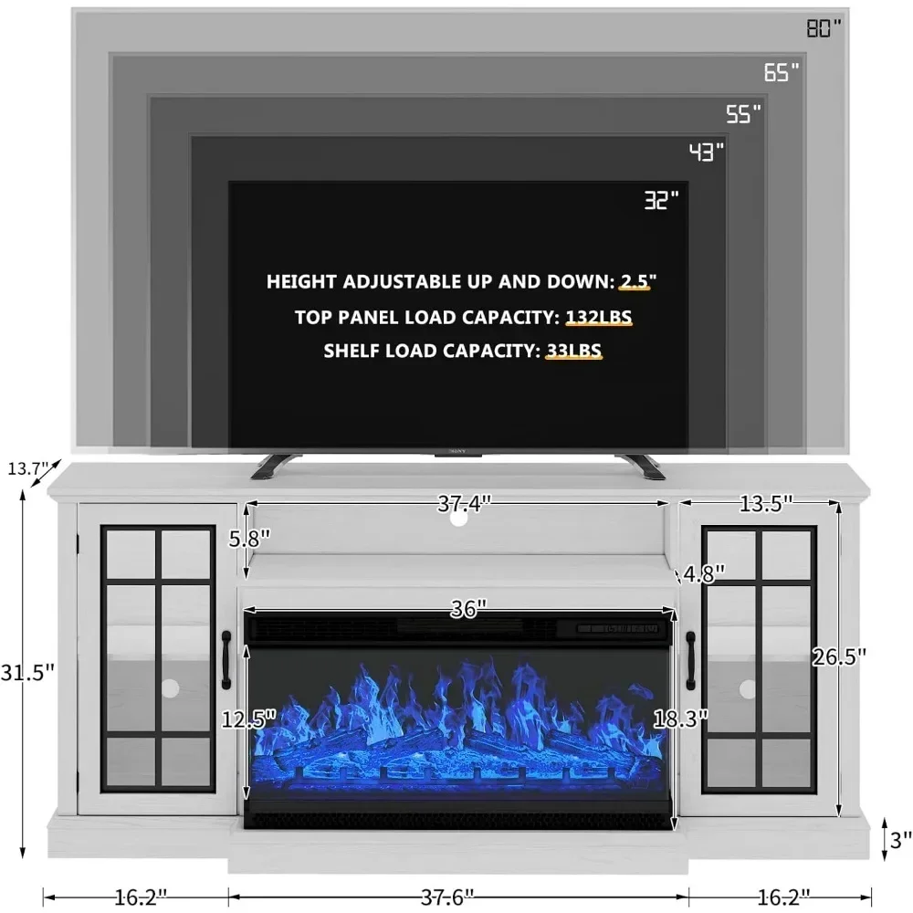 36 Inch 3-Sided Glass Fireplace TV Cabinet, Media Entertainment Center Console Table with Glass Door Storage, Set of TV Table