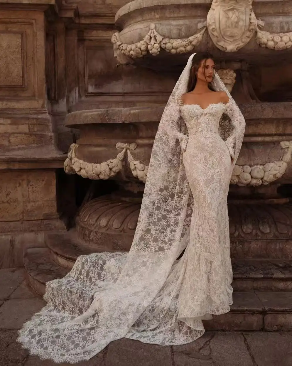 

Customized Off Shoulder Dreamy Beaded Lace Mermaid Long Wedding Dress Romantic Sweetheart Neck Bridal Gown Dresses For Bride