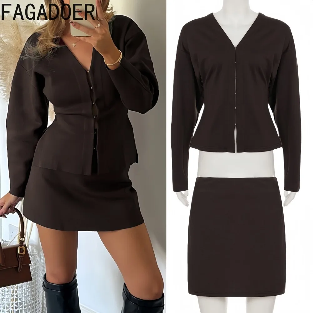 

FAGADOER, осенний новый сексуальный комплект из двух предметов, женский однотонный однобортный укороченный топ с длинными рукавами + юбка, женская уличная одежда