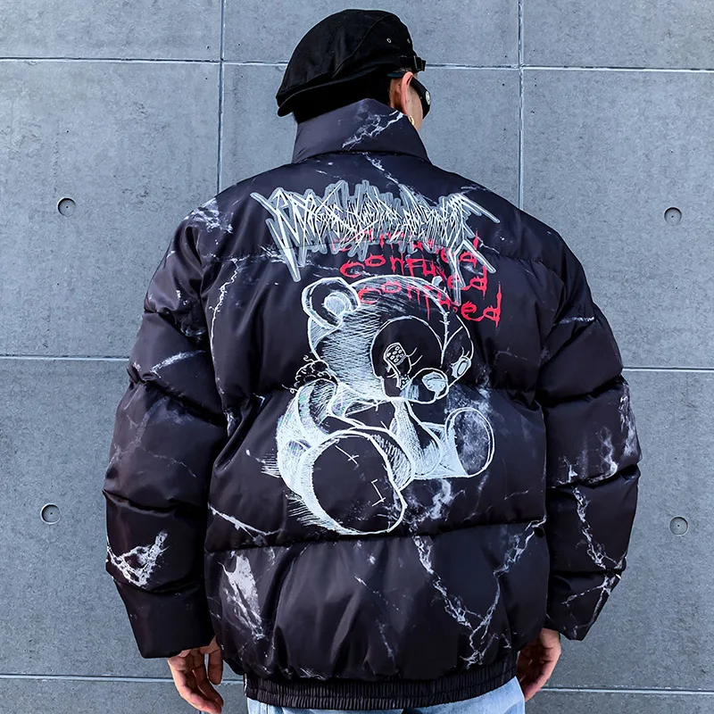 Chaqueta acolchada de plumón para hombre y mujer, Parka con estampado de oso de dibujos animados, ropa de calle de Hip Hop, chaquetas gruesas y