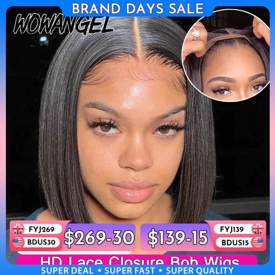 WOWANGEL Straight Bob Wig 5X5 HD Lace Closure Wig Ready To Wear Glueless Wig 250% Bob Wig Lace Front Human Hair Wigs Pre Plucked