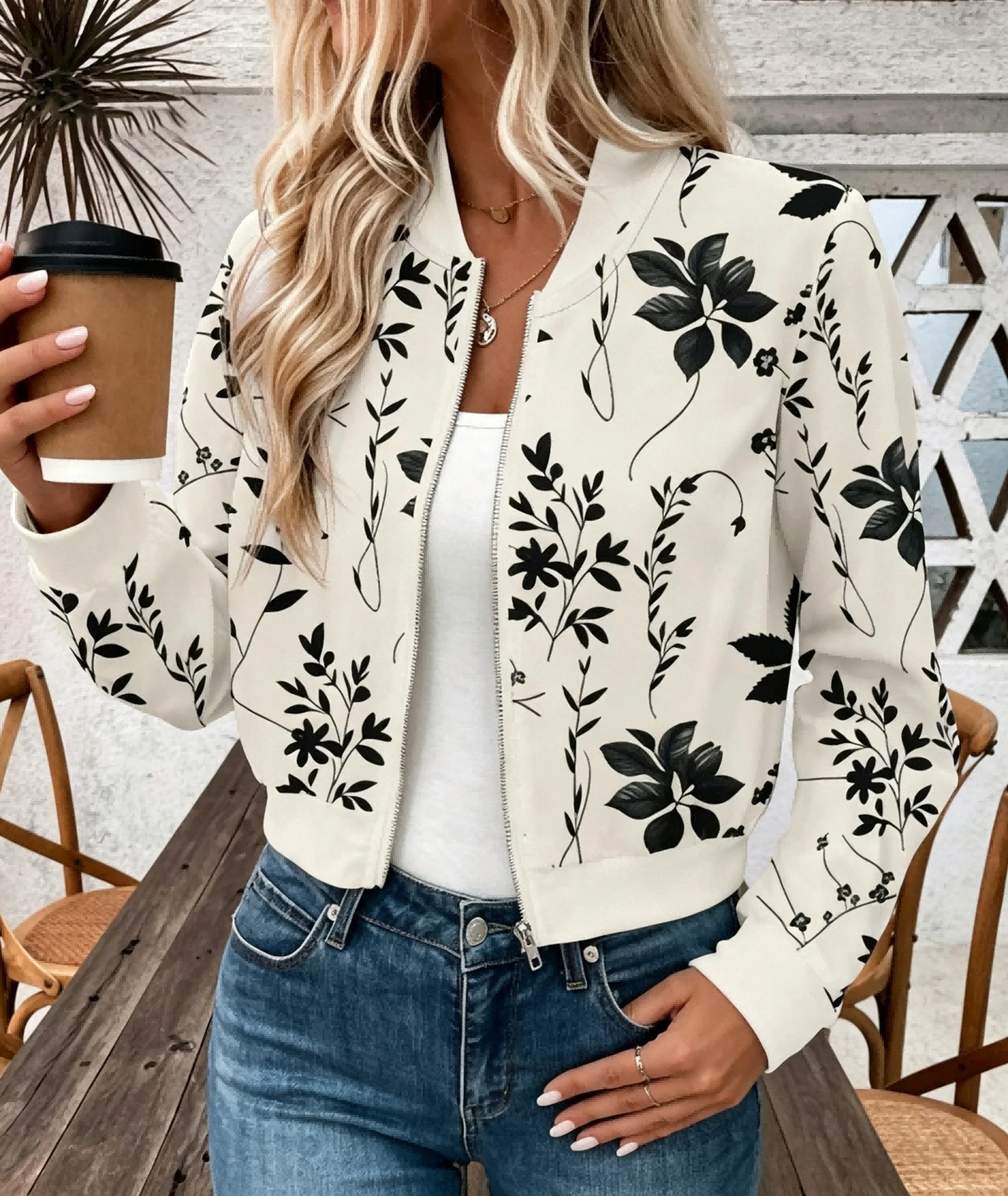 Women`s Floral Print Bomber Jacket For Casual Daily Street Spring-Autumn Zip Up Stand Collar Long Sleeve Short Baseball Coat XXL