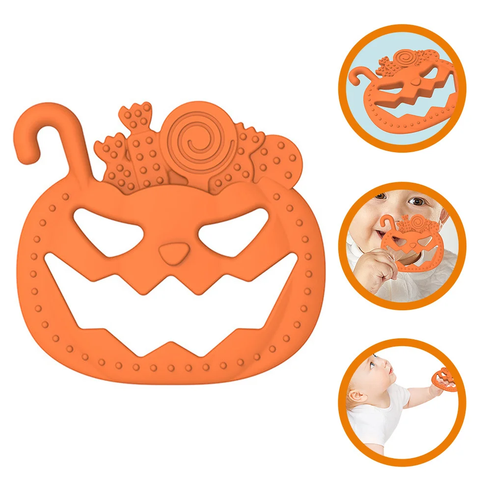 Safe Halloween Baby Teether with Pumpkin Motif Soft Elastic Chewing Surface for Sensory Development and Gum Massage Toddler