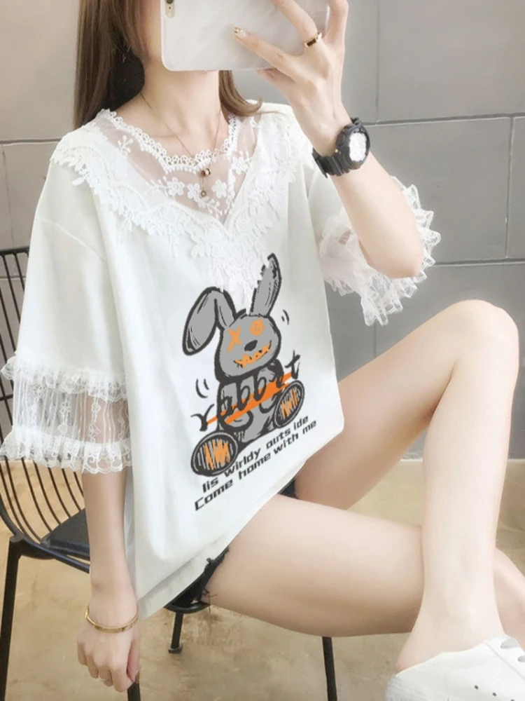Women Loose Lace Trim Cotton Short Sleeve T‑Shirt, 2026 New Summer Design, V‑Neck Casual Tee Tops for Curvy Ladies