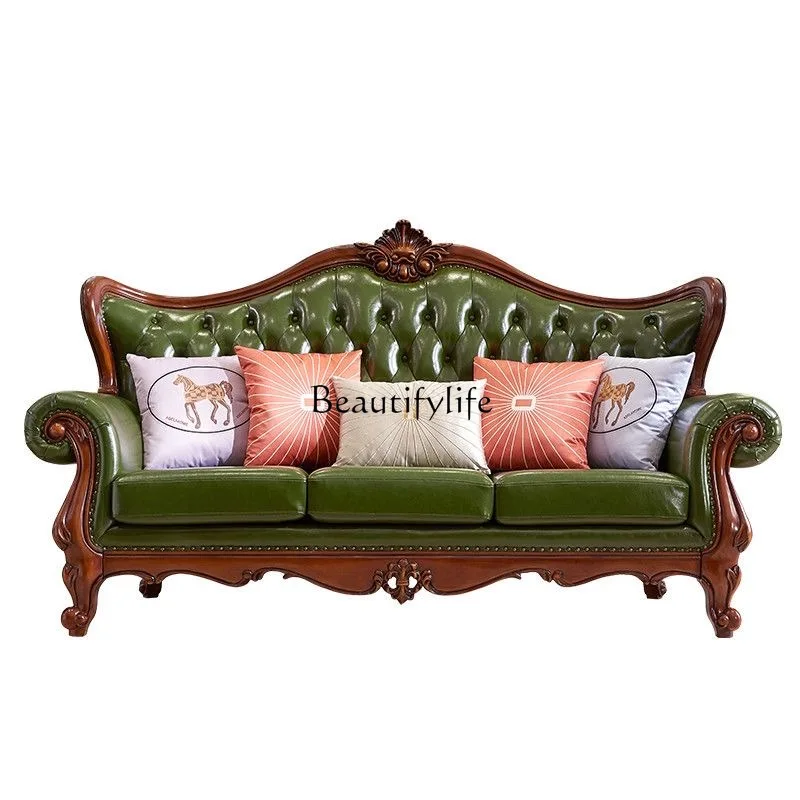 

American leather sofa European solid wood soft bag buckle first layer cowhide large apartment