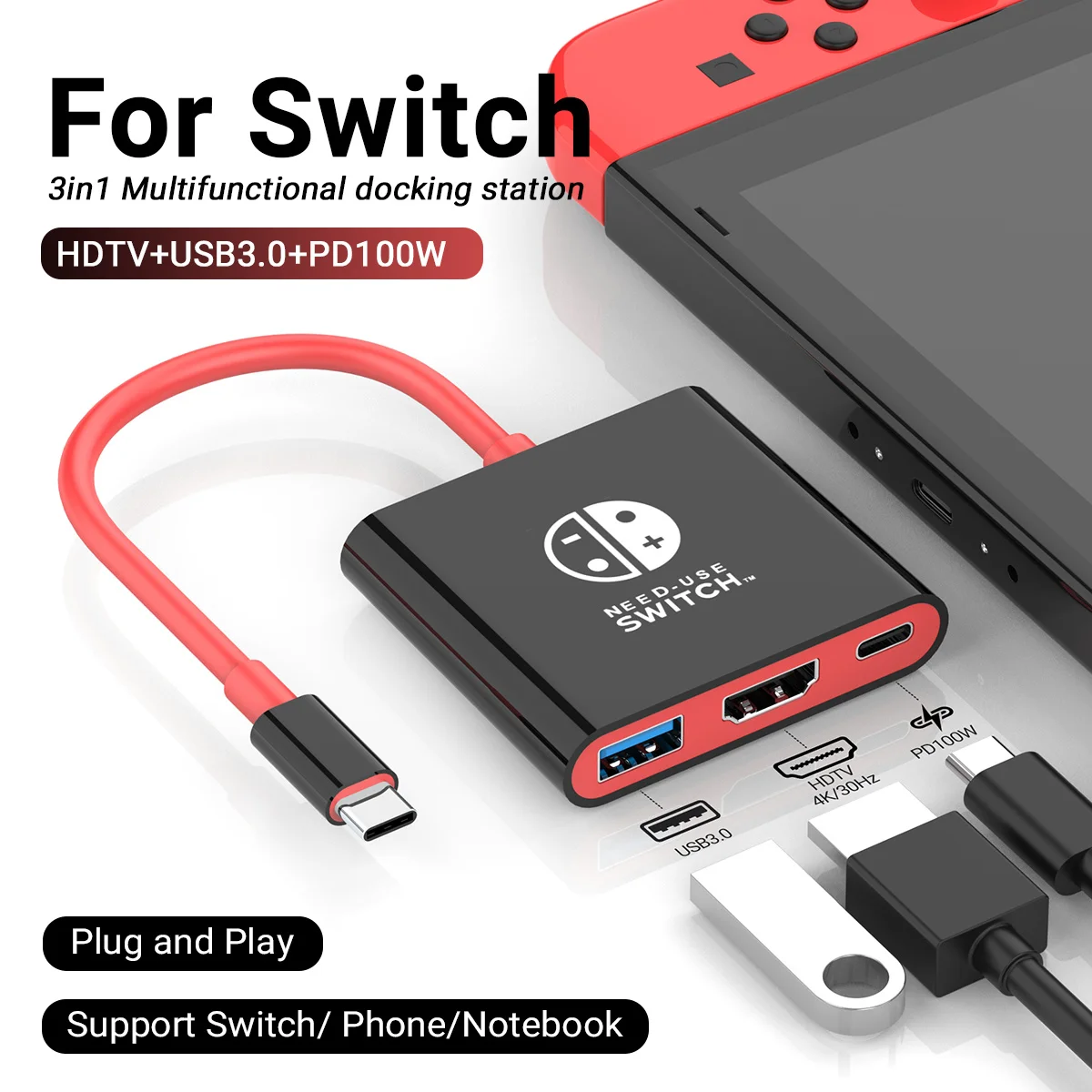 

Portable Switch TV Dock Station 3 in 1 USB-C Hub with 4K HDMI,USB3.0,PD 100W Ports for Nintendo Switch/OLED Steam Deck Mac Pro