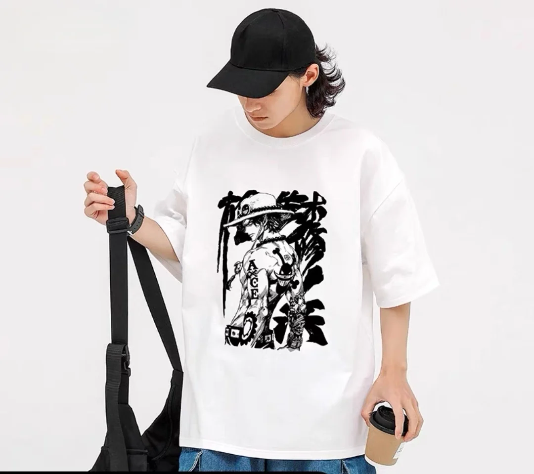 

2025 Popular Japanese Retro Bandai ONE PIECE Ace T-shirt Fashion Animation Printing Short Sleeve Fashion Cool Cotton T-shirt Top