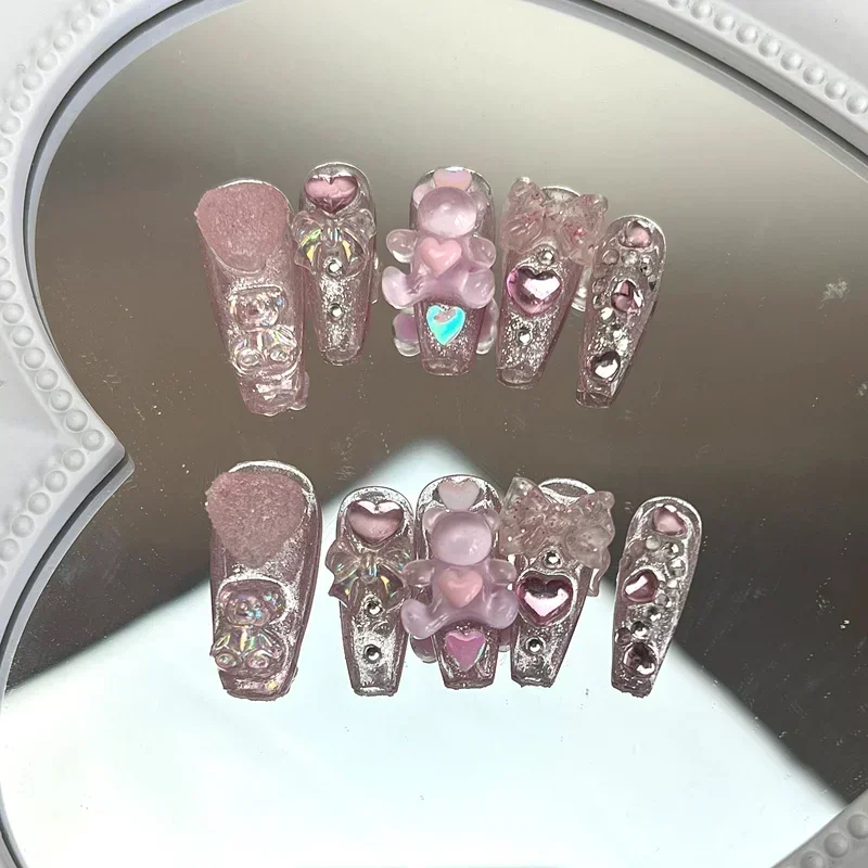 Faux ongles carrés courts roses à pression Y2K, faits à la main, avec colle, paillettes, longs cercueil, réutilisables, couverture complète, pointes d'ongles
