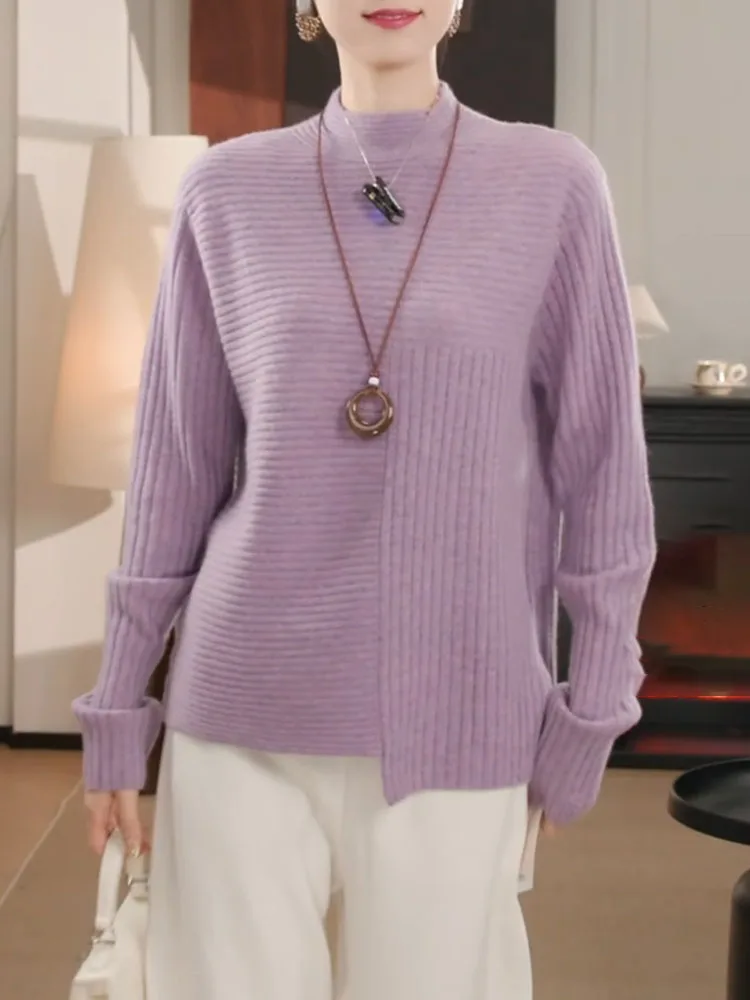 

Ele Purple Striped Knitwear Simple Design Autumn Faion Women's Sweater Large Size Casual Top Commute Sle Korean Version