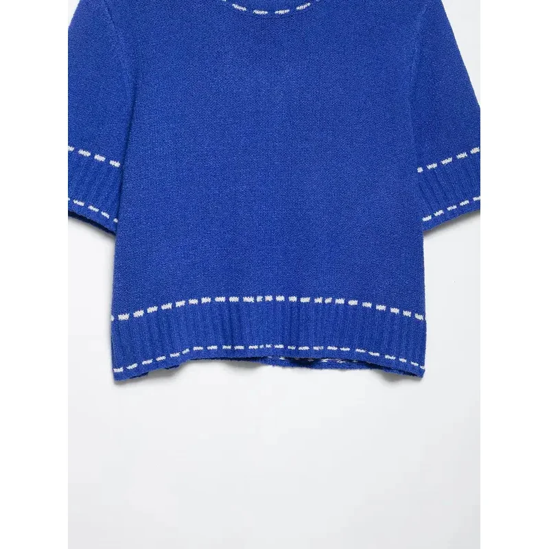 Ladies Commuter Style Knitted Ribbed Top Casual Blue Short Sleeve round Neck Pullover Fashion Female New