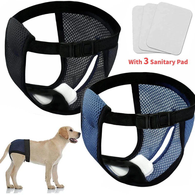 Female Dog Panties with 3 Cotton Pads Reusable Diapers Pet Breathable Mesh Flexible Adjusting Buckle Washable Sanitary Wraps