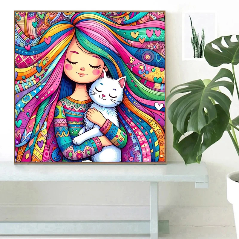 5D DIY Fairy Dust Diamond Embroidery Cartoon Girl Rhinestones Picture Cat Crystal Mosaic Painting Cross Stitch Kit Handmade Gift